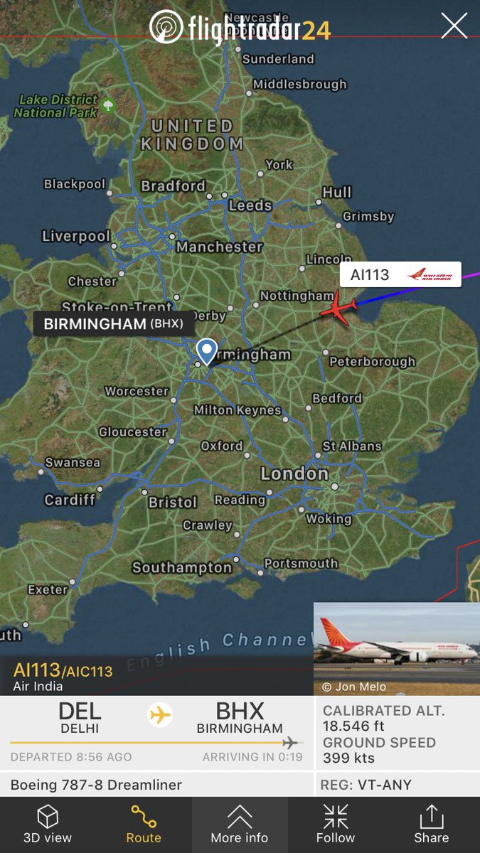 FlightIntl's tweet photo. Air India flight #AI113 from Delhi to Birmingham has declared an emergency inbound to BHX https://t.co/yN6BarWfov https://t.co/SiAWiU4CSG