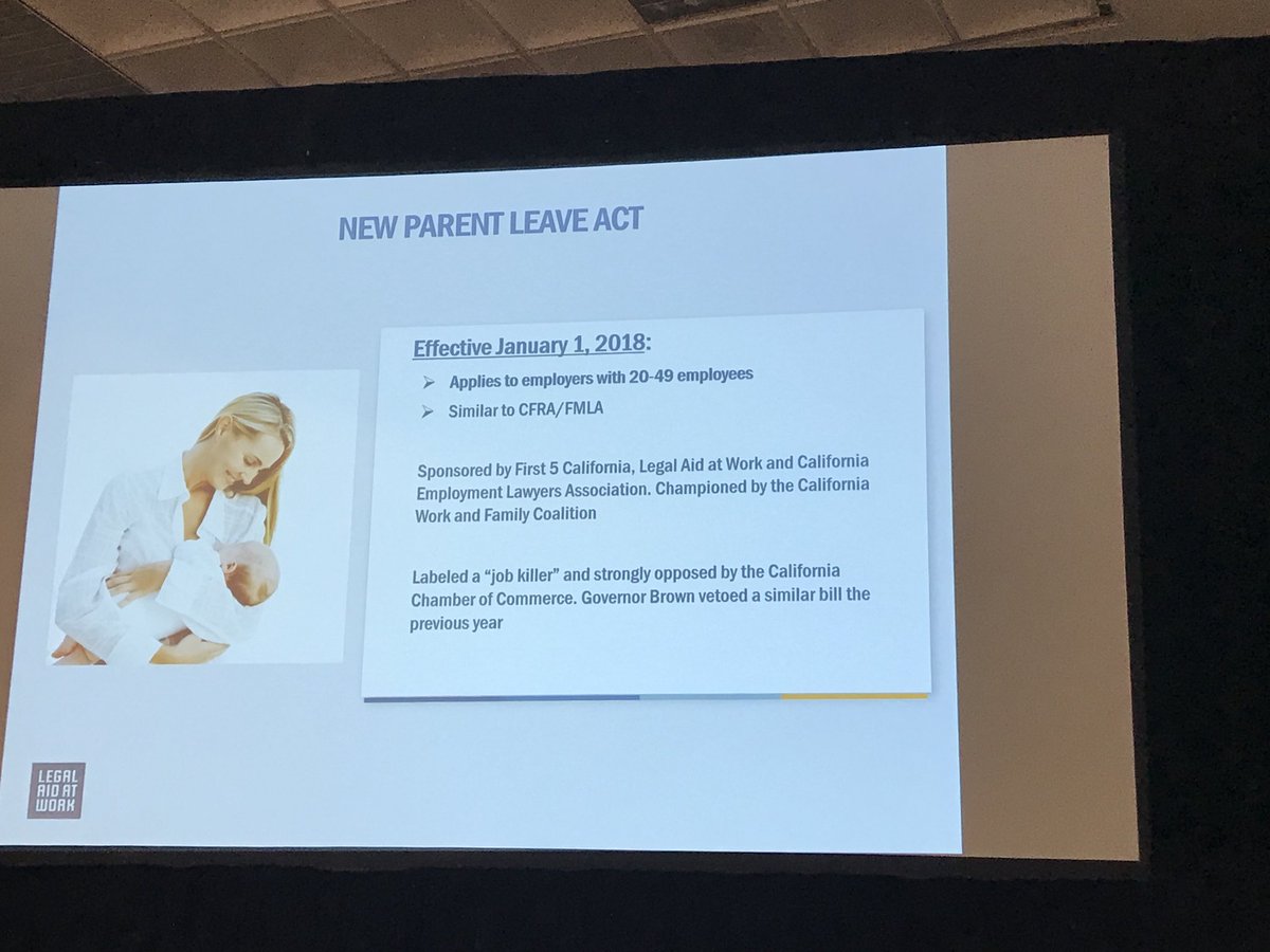 SDBreastfeeding's tweet photo. In 2018 New Parent Leave Act applies to employers with 20-49 employees! #CABFSummit18 https://t.co/1rfnIuNHTr