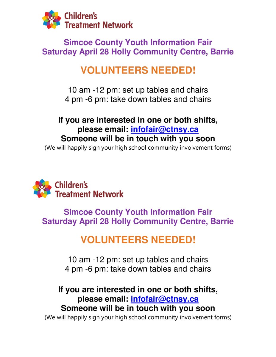 Volunteers needed 10-12 set up and 4-6 clean up Email infofair@ctnsy.ca
