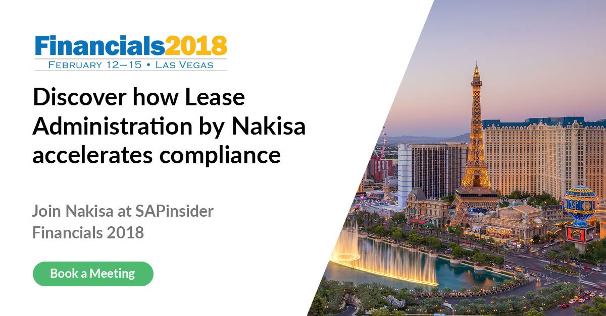 NakisaInc's tweet photo. Discover how SAP Lease Administration by Nakisa can help streamline compliance with new #leasing standards, meet @Nakisainc at #Financials2018: https://t.co/xCvTeqADY9 #SAPLeaseAdmin https://t.co/9tsGWBmxNi