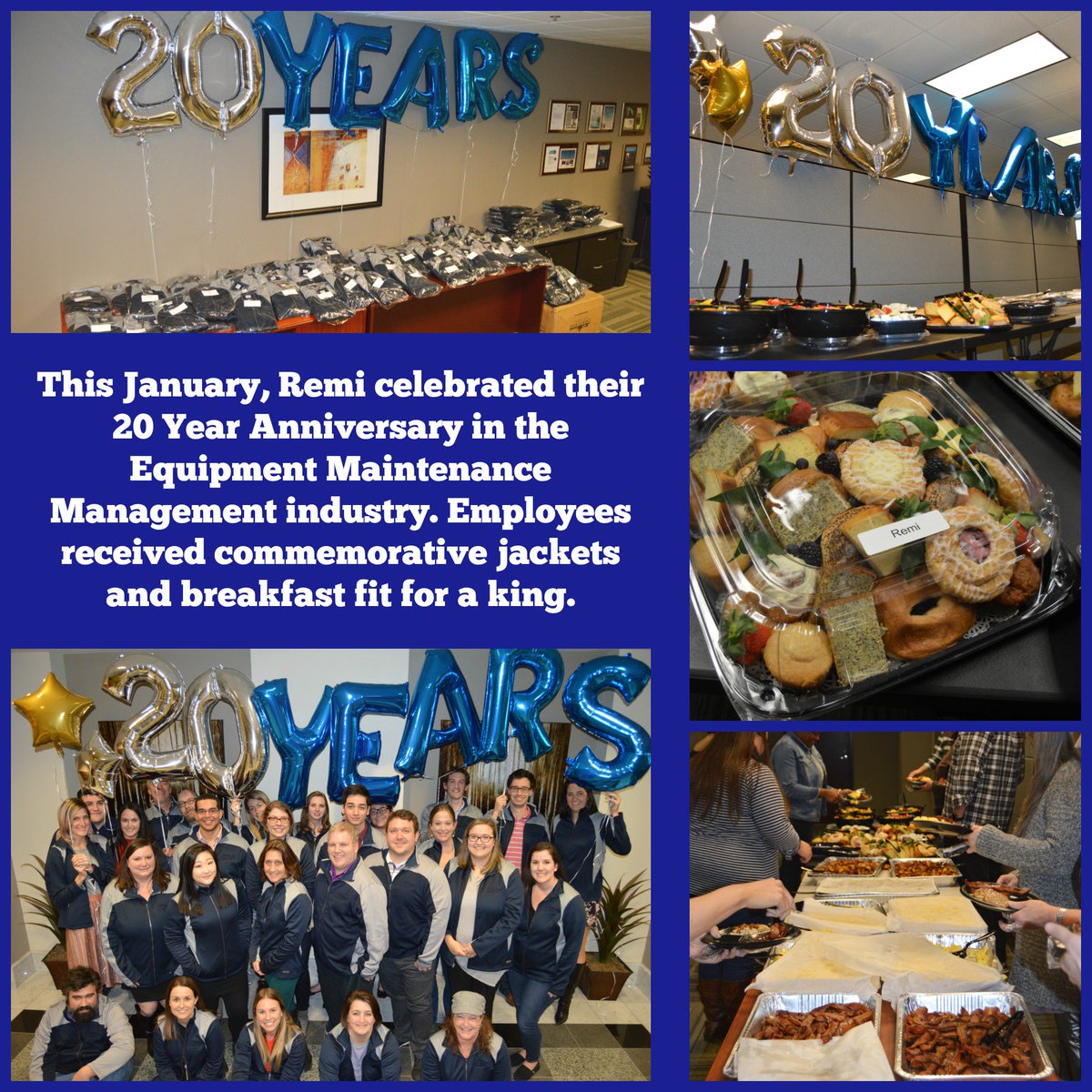 TheRemiGroup's tweet photo. This month, Remi was lucky enough to celebrate our 20 Year Anniversary in the #equipmentmaintenance industry. Employees received special jackets from @boost_branding and breakfast catered by @Chef_Iacofan. #ouremployeesrock #knowledgeispower #bestplacestowork #LifeatRemiHQ https://t.co/rOZDPHjA5D