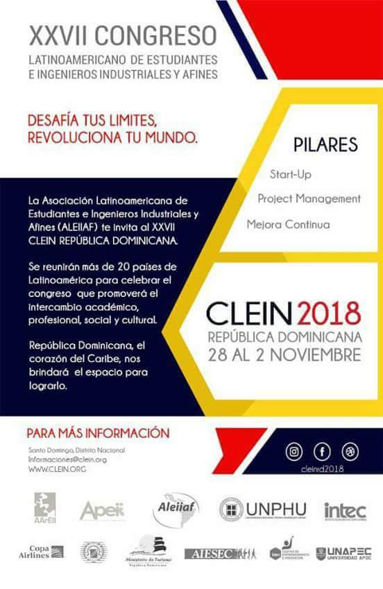 Los invitamos al XXVII Congreso Latinoamericano de Estudiantes e Ingenieros Industriales y Afines #Clein Republica Dominicana #2018

#Startup
#ProjectManagement
#MejoraContinua

#ALEIIAF