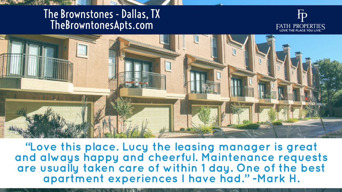 FathProperties's tweet photo. Special shout out to the team at The Brownstones - especially Lucy! Keep up the great work! Check out https://t.co/3aFf3z6Zyb for more information on this community! #ThankYouThursday #TopRated #Dallas #Apartments #DallasApartments #FathLife #LoveThePlaceYouLive #FathProperties https://t.co/xrMqnkiz8v