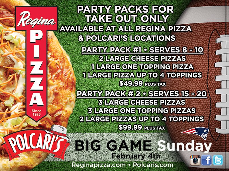 Having a crowd over for the big Pats game on Feb 4th! Take advantage of some great deals and order one of our Party Packs! #BigGameSunday #TakeOutOnly #NFL #GoPatriots #NotDone #ReginaPizzeria #Boston #MA #AllLocations #SundayFunday