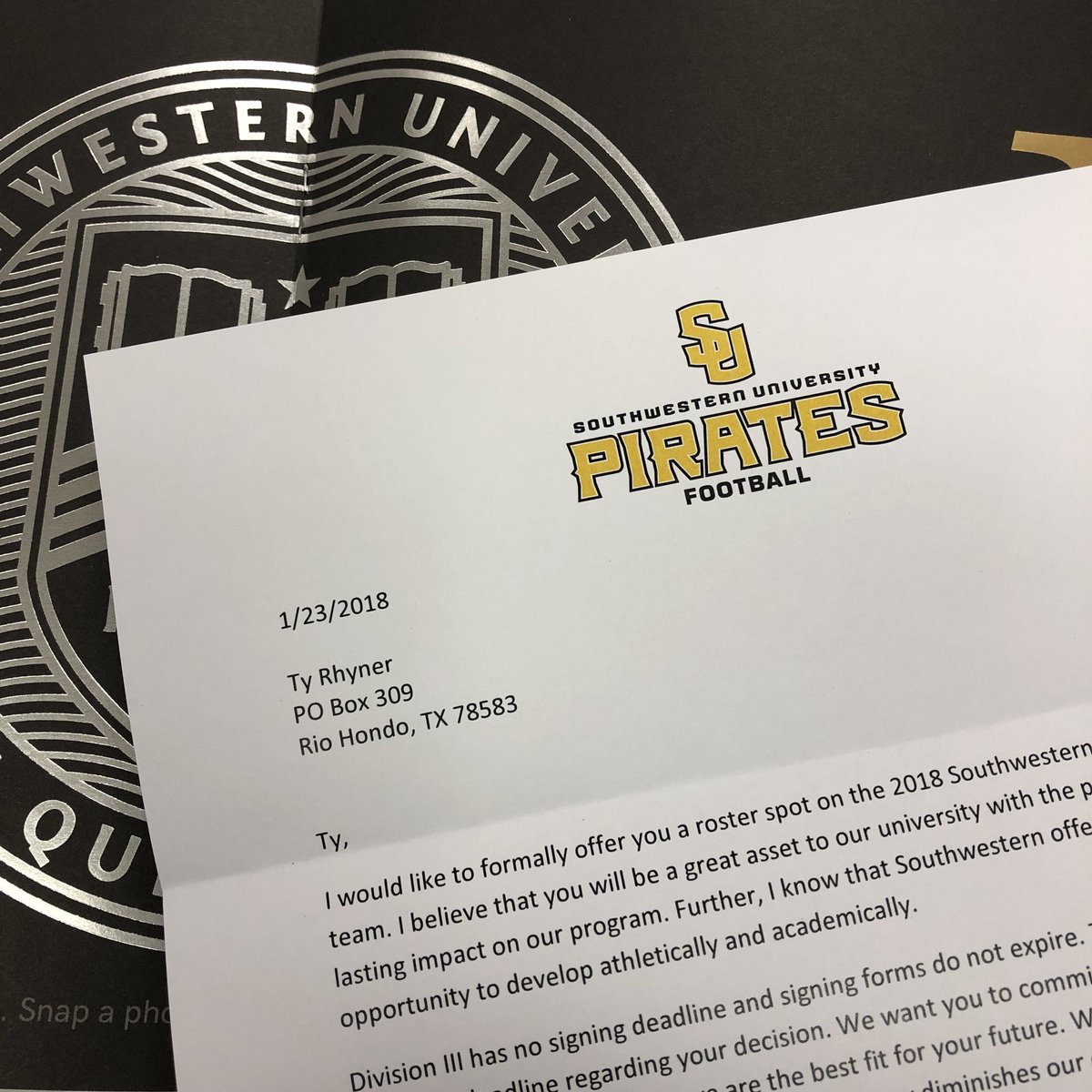 RhynerTy's tweet photo. Excited, Honored and Blessed to announce that I have received my second offer from Southwestern University! https://t.co/yo0o920Bra