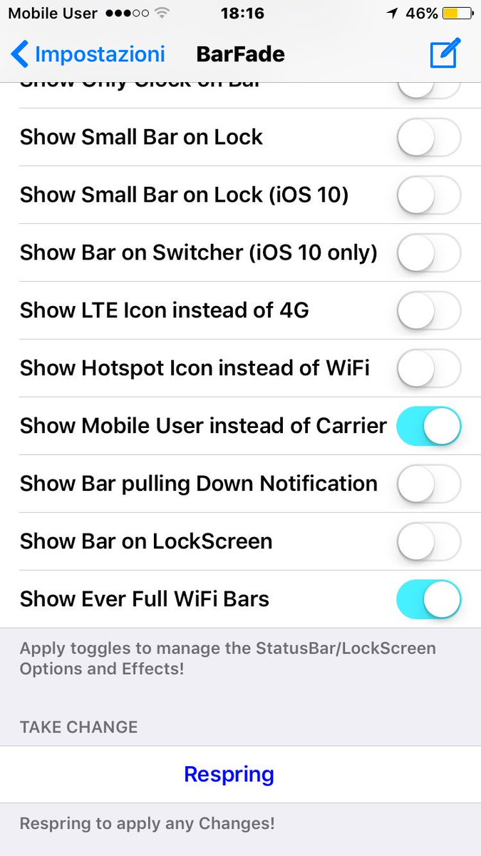 CydiaGeek's tweet photo. #BarFade: Iโve now pushed new Update on #Cydia to #BigBoss Repo: enjoy ๐ ๐ฝ๐คppl!
Version 1.2.6
- Added the option to Show Mobile User instead of the Carrier.
- Added the option to Show Ever the Full WiFi Bars (just for just Cosmetic Purpose). https://t.co/X1QDnhBNOo