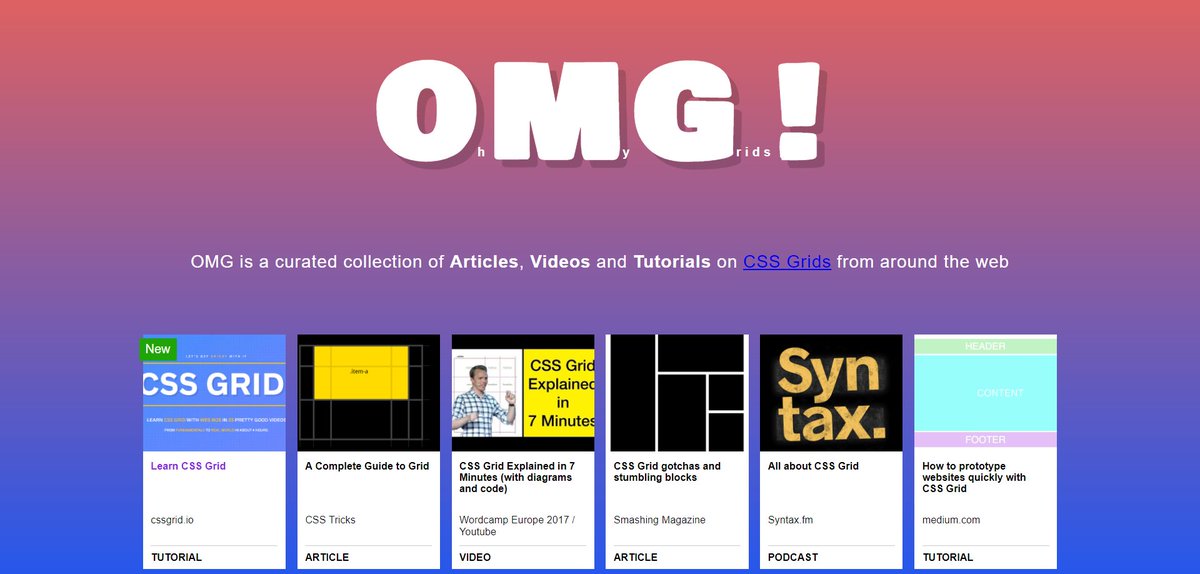 speckyboy's tweet photo. Oh My Grids! A curated collection of Articles, Videos and Tutorials on #CSS Grid https://t.co/5RNtcmqlTG https://t.co/6mjQwdFydR