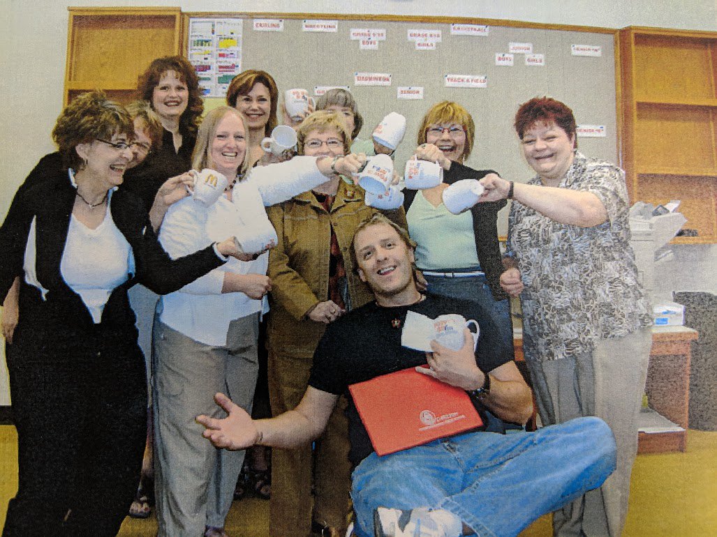 PACarlton's tweet photo. The secretaries and library staff got mugged by Rob Lindsay about 10 yrs. ago.
#CarltonTBT #CarltonLC #saderfamily #saderfun https://t.co/YfF49kwaVn