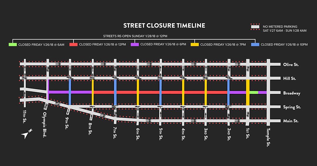 📢 ATTENTION📢  If you live, work, or plan on visiting DTLA this weekend please plan accordingly with the street closures on Broadway starting TOMORROW Friday 1/26 12 noon. If you have any questions or concerns please contact info@nightonbroadway.la  #DTLAstreetclosure