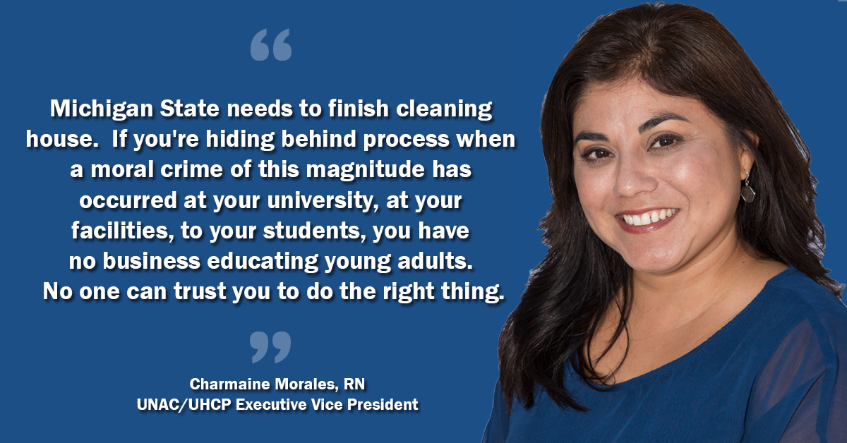 unacuhcp's tweet photo. #LarryNassar sexually abused over 150 young women at MSU. Read UNAC/UHCP Executive Vice President Charmaine Morales’ tough statement on MSU’s responsibility to do everything in its power to prevent a similar situation in the future: https://t.co/3voSP94xax
Full statement below. https://t.co/n83mPvsVM3