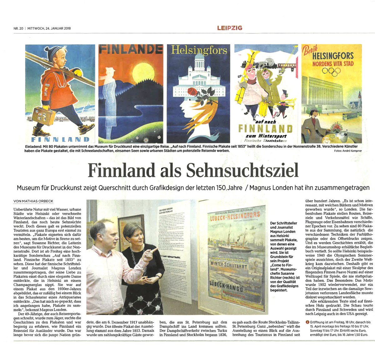Our Finnish vintage travel poster exhibition has now reached #Leipzig and is already in the news! Poster glory to all! Opening Friday.