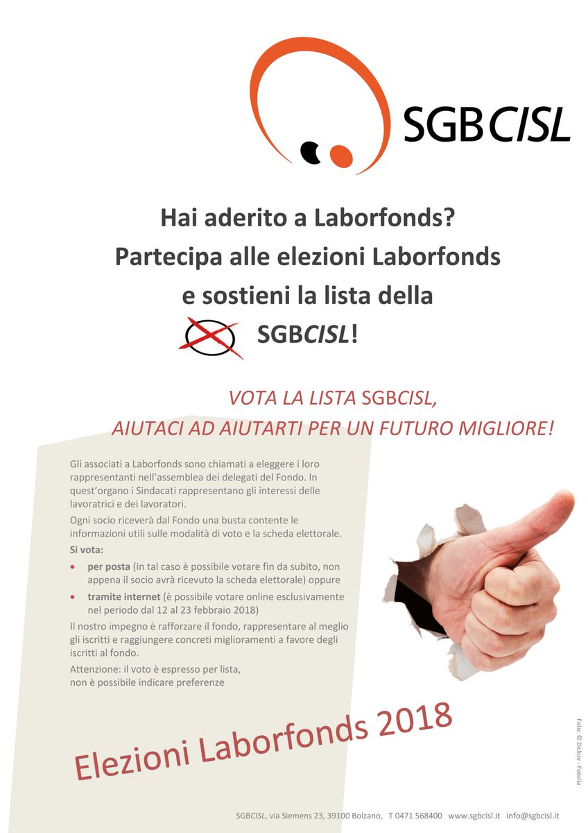 SGBCISL Flugblatt Wahlaufruf elezioni Laborfondswahlen 2018 Volantino invito a votare