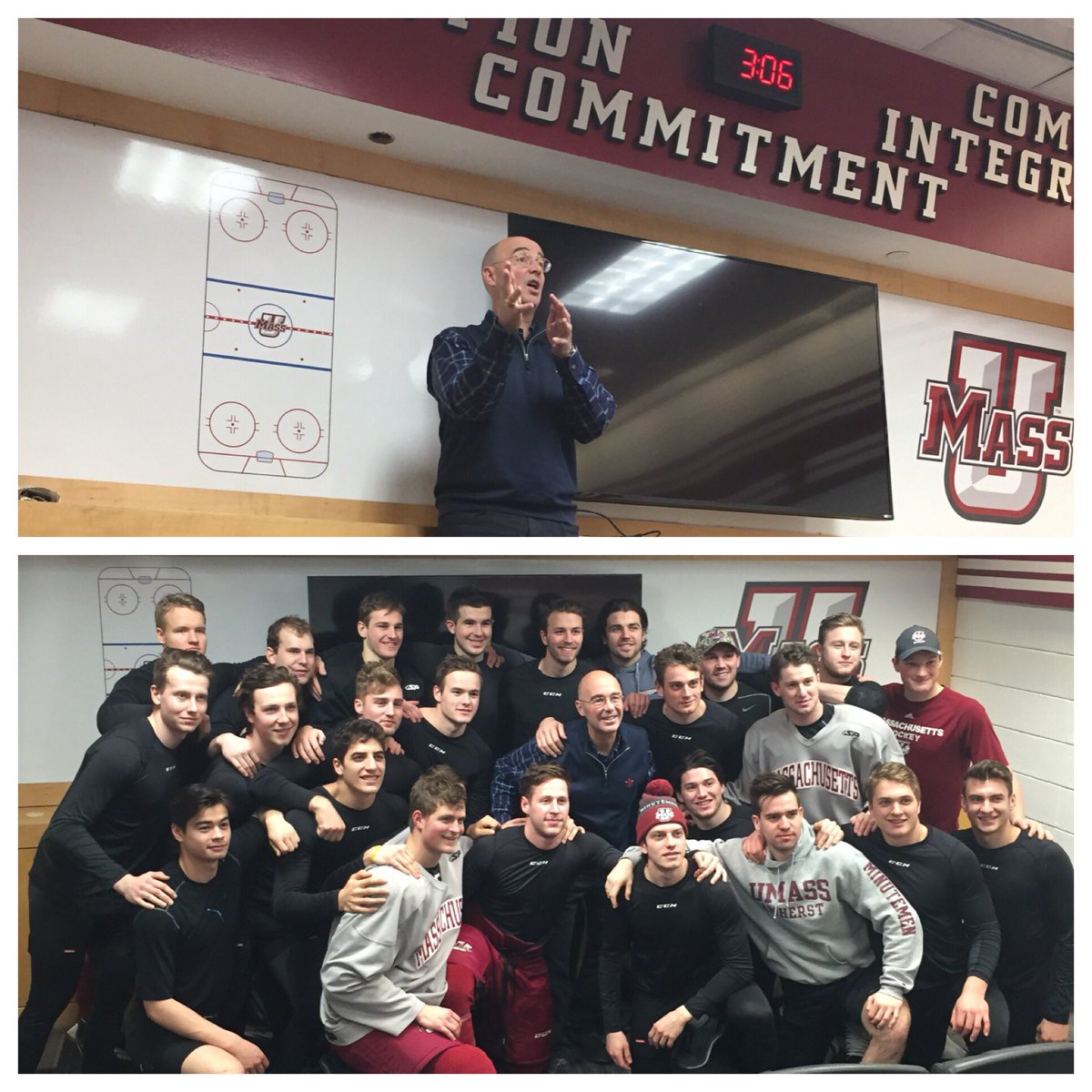 Thanks to Pierre McGuire for stopping by the <a href="/MullinsCenter/">Mullins Center🎵🏒🏀</a> and sharing his knowledge with the team! #NewMass