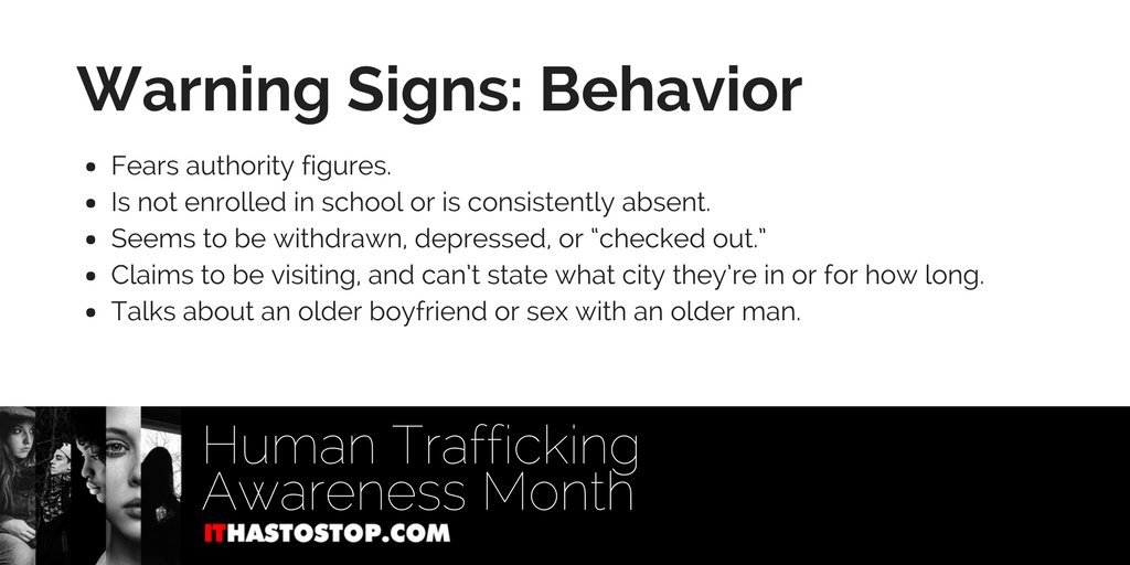 ITHasToStopTN's tweet photo. As Human Trafficking Awareness Month continues, take a look at more warning signs. Simply put: Sometimes a person's behavior may very well indicate they need help. 

MORE WARNING SIGNS: https://t.co/3eY3TIJWZm https://t.co/qgEfWCH5ag