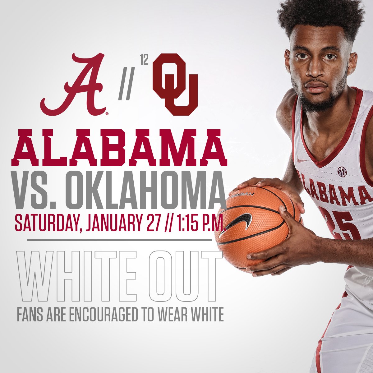 AlabamaMBB's tweet photo. BAMA NATION, we want to see you decked out in all white Saturday for a White Out against Oklahoma 🐘🏀 🅰️

Students, make sure you arrive early to secure a seat for the Big 12/SEC Showdown. You don't want to miss it‼️

#RollTide
#BuckleUp https://t.co/pHwUeoQ362