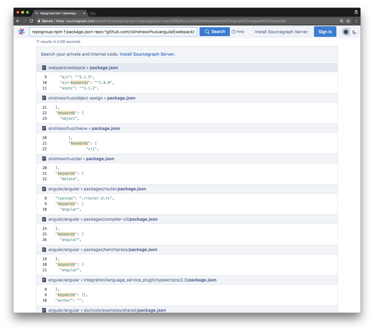 Sourcegraph's tweet photo. Code search across the top 100 @npmjs packages is live on Sourcegraph: https://t.co/nyjqlwV8TG. Lots of code from @sindresorhus @WebpackContrib @babeljs @angular! #npm #npmjs https://t.co/az8hfs9k4c