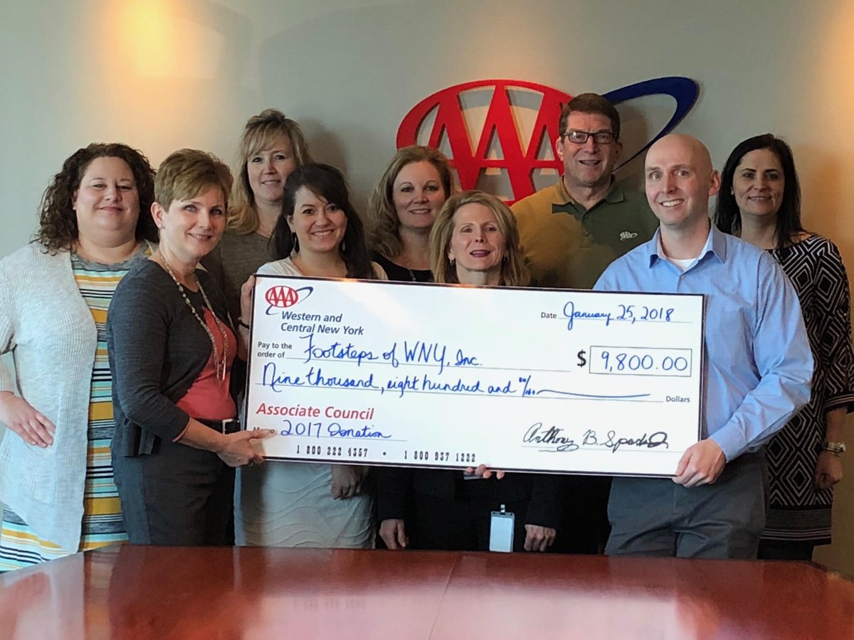 AAA_WCNY's tweet photo. AAA's Western Region Associates' Council presented Footsteps of WNY with a check for $9,800 - money raised by associates throughout 2017! Founder Marty Gregoire accepted the check and told many stories of how donations like these help those with cerebral palsy. https://t.co/4gr0EFmHpA
