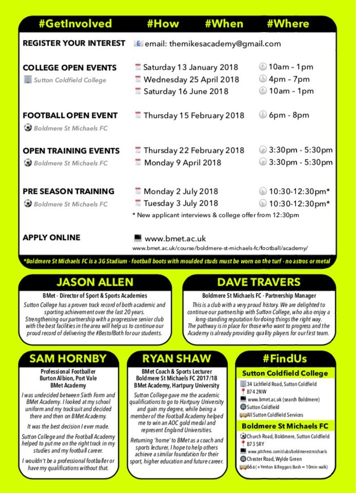 themikesfc's tweet photo. ACADEMY | Intake Sep18
DON’T MISS OUT!
We’re recruiting for our 16-19 Academy in partnership with Sutton Coldfield College
Find out more at our open evening for parents &amp; students:
ℹ️ Thurs 15 Feb 6-8pm
Open Training:
⚽️ Thurs 22 Feb 3:30pm
More info:
https://t.co/PBlHu2Me4s https://t.co/HNSBOVjIdr