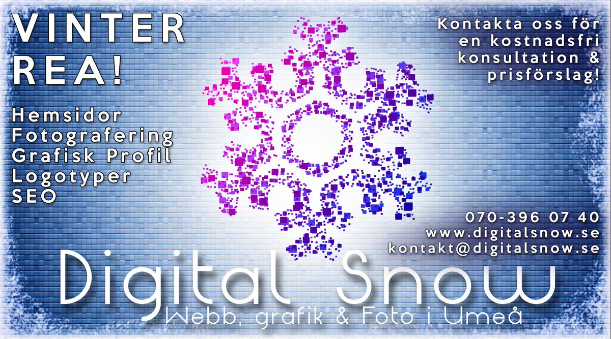 DigitalSnow_SE's tweet photo. Starta 2018 med att ge ditt företag ett ansiktslyft i form av en ny #hemsida, #logotyp eller helt ny grafisk profil? Vi har även iskalla priser på all #fotografering åt både #företag och dig som privatperson! Läs mer på https://t.co/KlAxnqbfB1 #Umeå #Västerbotten #erbjudande #rea https://t.co/EwEA9143oK