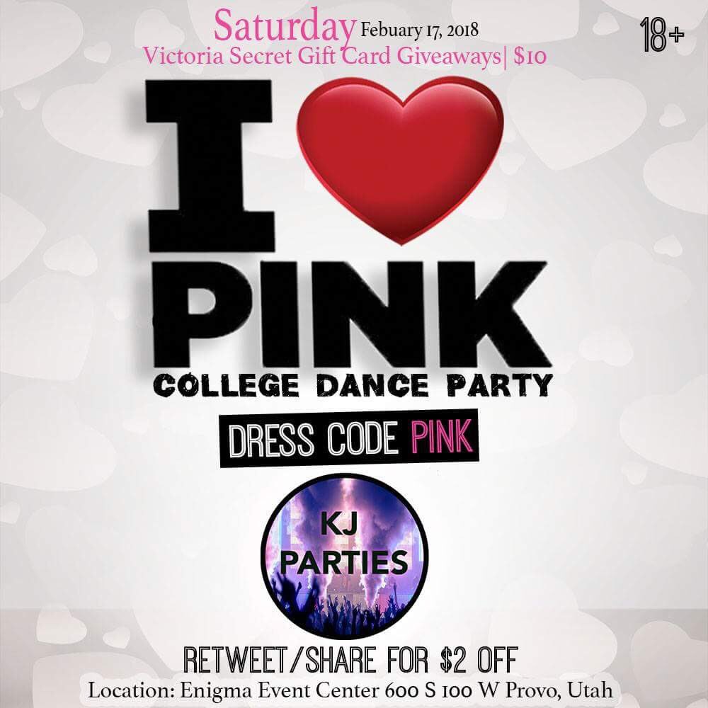 KJ_Parties's tweet photo. 💘WHO’S EXCITED??? 💘

❣️9PM-1AM ❣️

Valentines is going to be sick! Make sure you wear pink so it’s fun, and to get a discount! To enter into a Victoria secret Gift card, RT RT RT💖

@jdavis_31 
@djjerryutah https://t.co/vI842Lmdyc