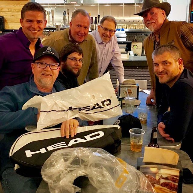 beralvis's tweet photo. Some of my racquetball compadres bidding me farewell with the gift of a monogrammed bag and new racquet. #jackpot #workoutfriends https://t.co/yySGauIxTg