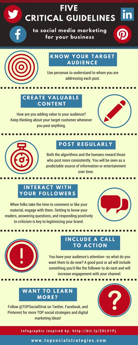 TOPSocialStrat's tweet photo. Your TOP Social Strategy of the week--we made you an infographic! Five critical guidelines to social media marketing for your business. https://t.co/PI1KOLcYQ4