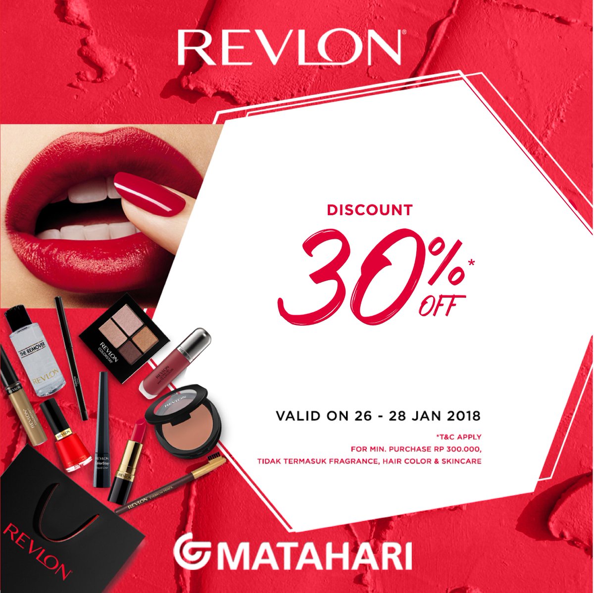 Buat para cewek, setuju nggak kalau lipstick warna merah itu selain bikin kita makin kece juga menambah rasa pede?
*Disc 30% all Revlon Cosmetics min purcase Rp 300rb  (not including skincare,fragrance&amp; hair colour) - periode 26-28 Jan'18