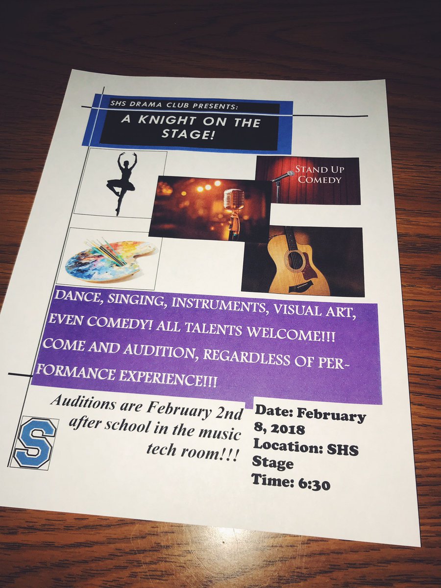 SouthingtonDC's tweet photo. Spread the word!! SHS Drama Club is hosting A Knight on the Stage talent showcase!! Auditions will be held next Friday, February 2nd and the show will be on Thursday, February 8th. All talents are welcome!! We hope to see you there! https://t.co/GX6VihoMJH