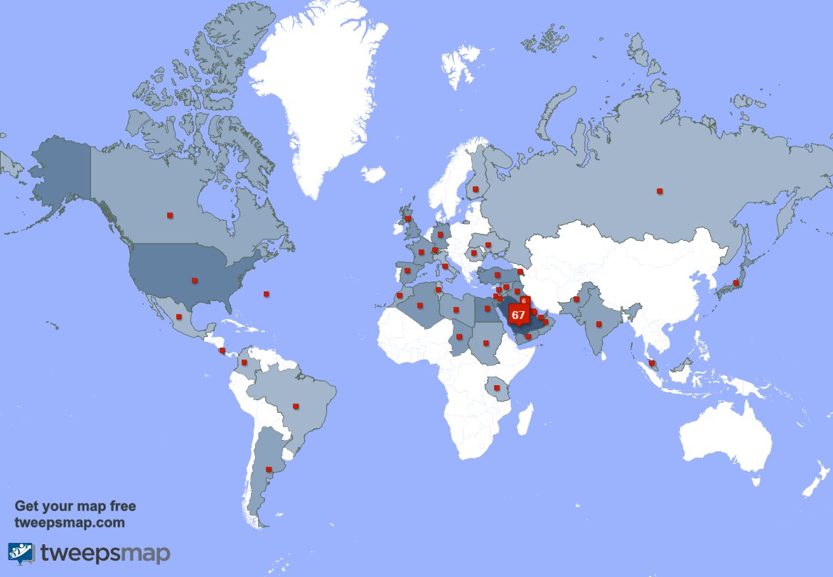 حسب tweepsmap.com/!algraneee حوالي66% من متابعيني يعيشون في السعوديه والكويت(6%),الامارات العربيه المتحده(4%)