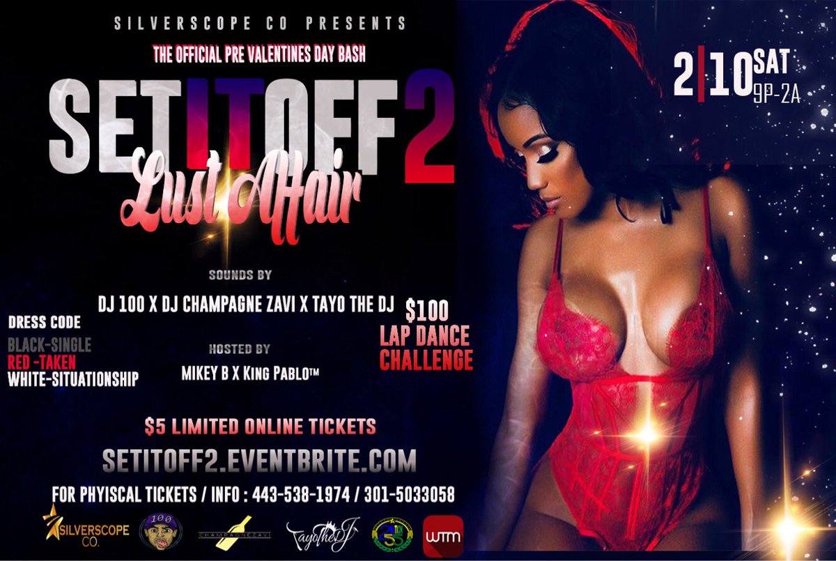 silverscopeco's tweet photo. February 10th 2018🌹
#SetItOff2 Lust Affair😈
One sensational experience 🥀
$100 LAP DANCE CHALLENGE 💸
Best DJs On Deck 🎧
$5 LIMITED TICKETS
https://t.co/2n2VjZ84Zj https://t.co/4yMexwOIHx