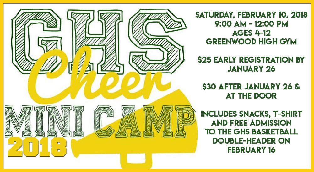 The <a href="/GwoodCheerSquad/">GHS Cheer</a> Mini Cheer Camp for ages 4-12 is February 10.  Register by January 26 and save $5.  Click this link for a registration form goo.gl/J7RRph 
#GHSGatorNation
Cheer