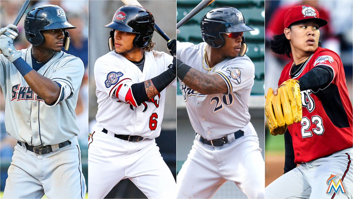 Marlins's tweet photo. #Marlins welcome four new players from Milwaukee, including two of their top six prospects, OF Lewis Brinson, INF Isan Díaz, OF Monte Harrison and RHP Jordan Yamamoto in exchange for Christian Yelich. https://t.co/4yb8yXpsxO