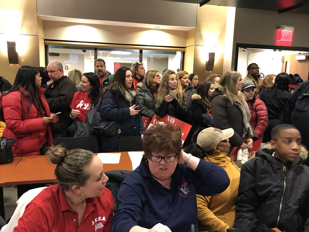 NJEA's tweet photo. More members than there are seats, the JCEA packs the BOE meeting room in a demonstration of solidarity. The JCEA members are demanding a fair settlement that includes Chp. 78 relief. #jceastrong #unionstrong https://t.co/PrKd2OZIF9