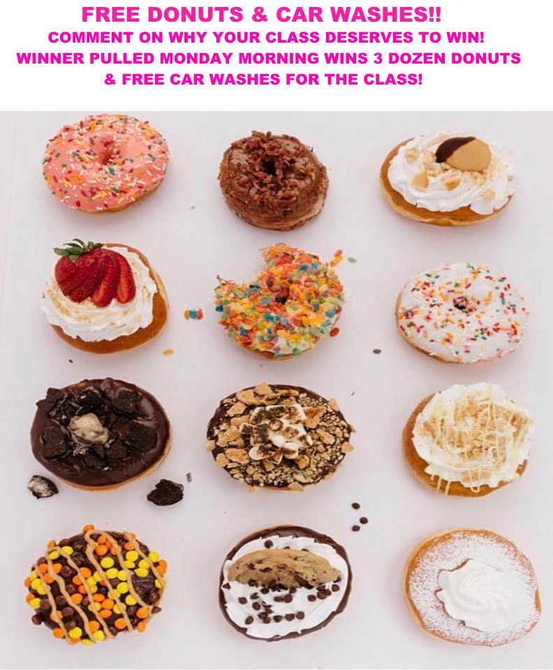 FabFreddys's tweet photo. WIN FREE DONUTS AND CAR WASHES! Vegas stores comment on why your class deserves to win, like and share the post for extra consideration! #fabfreddys #donutmanialv #brettraymer https://t.co/kguKhmYJ1T