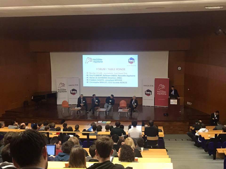 ismokaka's tweet photo. #hackitn18 conférence sur la #cybersecurite ce matin dans les locaux de @ENSEIRBMATMECA en présence d'éminents experts dans le domaine. Vivement le #hackitn19 ;) https://t.co/x6E7je4xsP