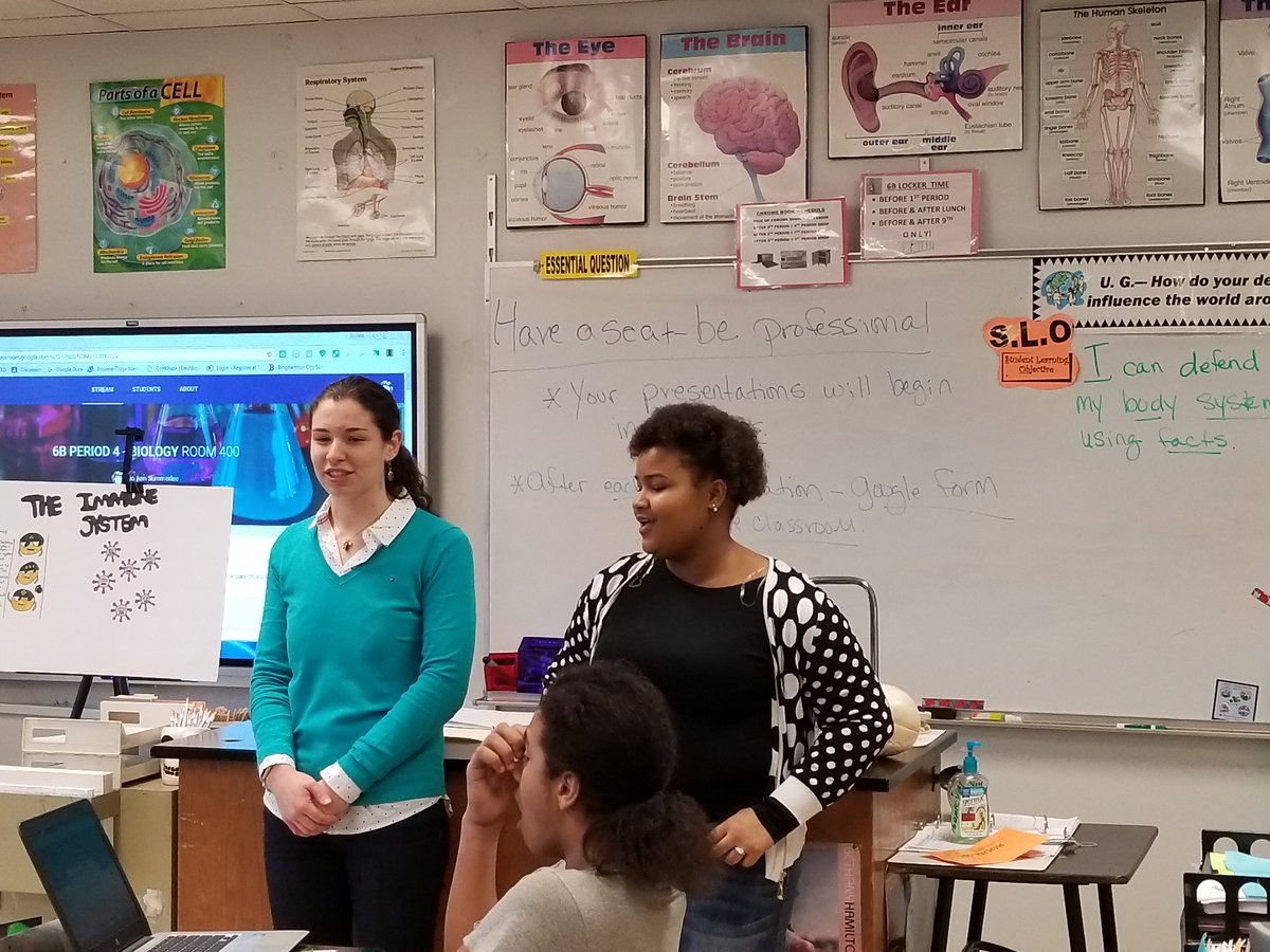 bcsdscienceclub's tweet photo. Yesterday, Science Club members Angelique and Elise joined Mrs. Summerlee's 6th grade biology students for a full morning of presentations on the human body systems. West Middle, you're quite impressive #BPatriotProud #WMS @BinghamtonCSD @ScallanJT https://t.co/9ALZF2qHhs