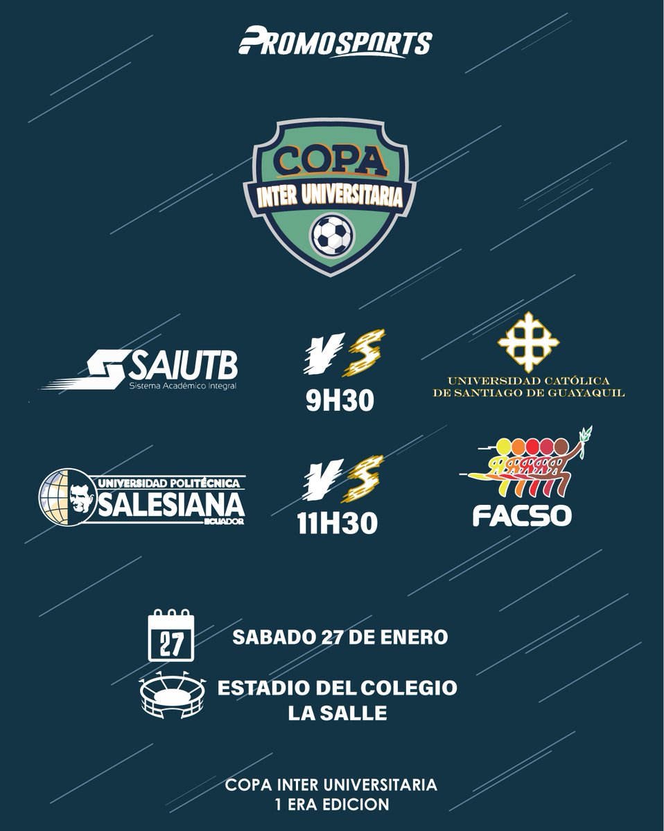 PromoSports_ec's tweet photo. 🙌ATENCIÓN!🏆#CopaServicobranzas2018 
📅CALENDARIO DEL EVENTO! 
TORNEO UNIVERSITARIO ⚽️🏃‍♂️
4 Universidades van por el desafió! Quien ganará??
#Promosports #ClubAtléticoSamborondón https://t.co/51UyGSjfO8