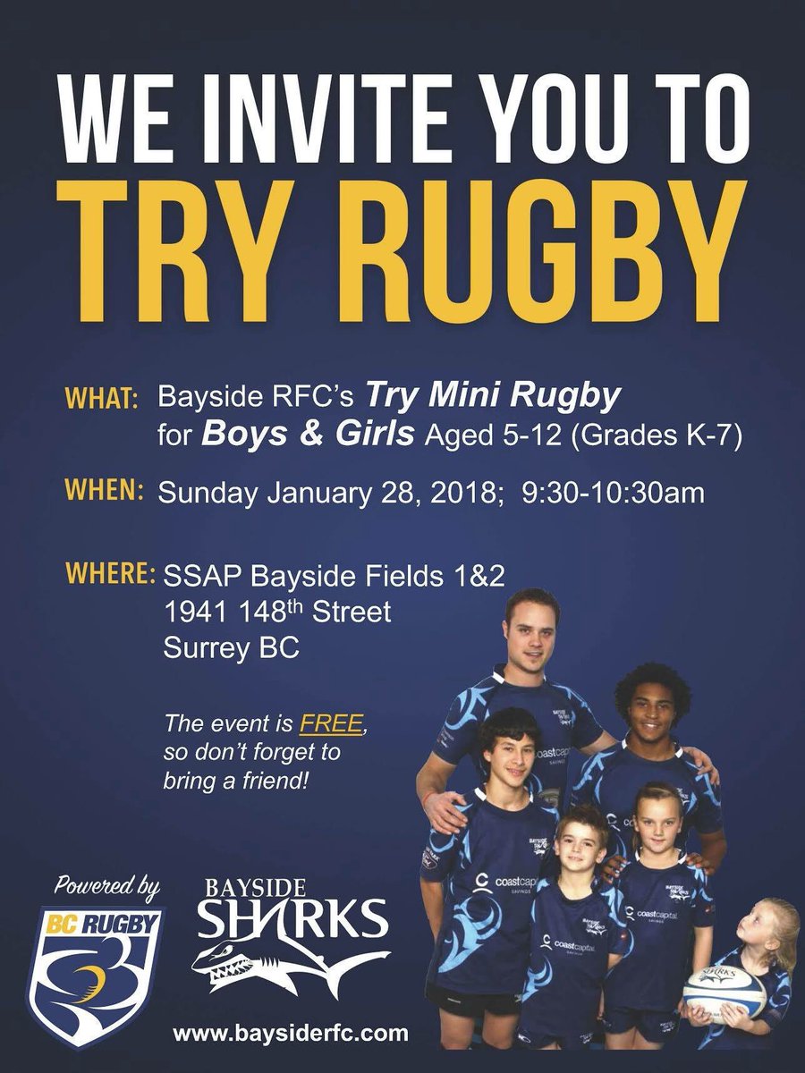 Try Mini Rugby <a href="/bayside_sharks/">Bayside Sharks Rugby</a> for FREE this Sunday Jan 28 in White Rock <a href="/BCRugbyNews/">BC Rugby News</a> <a href="/RugbyCanada/">Rugby Canada</a> <a href="/bcrugbyunion/">BC Rugby</a> <a href="/PeaceArchNews/">Peace Arch News</a> <a href="/SurreyNowLeader/">Surrey Now-Leader</a> <a href="/sobsrugby/">Semiahmoo Old Boys</a> <a href="/pintsandscrums/">99S</a> <a href="/VancouverRugby/">Vancouver RugbyUnion</a>