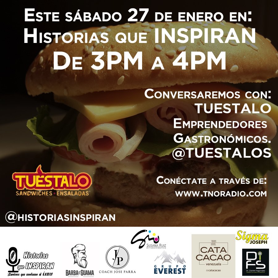 HInspiran's tweet photo. Este sábado tendremos como invitados a @tuestalos quienes nos traeran muchas sorpresas!! Conectate este sábado 27 de 3pm a 4pm por https://t.co/7AvANKabHW  😉 con @CoachJoseParra en la locución #NoTeLoPierdas #HistoriasQueInspiranSiempreTrayendoteLoMejor🍔🥙🍵🍜🍝🥪☕️ https://t.co/a3HD8TR85R