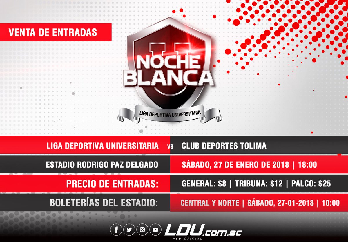 LDU_Oficial's tweet photo. ¡Compra tus entradas para la #NocheBlanca2018 éste sábado desde las 10h00 y llenemos el #EstadioRodrigoPaz de luces y colores en la gran fiesta que tenemos preparada para ustedes! https://t.co/TJWOwA4tMt