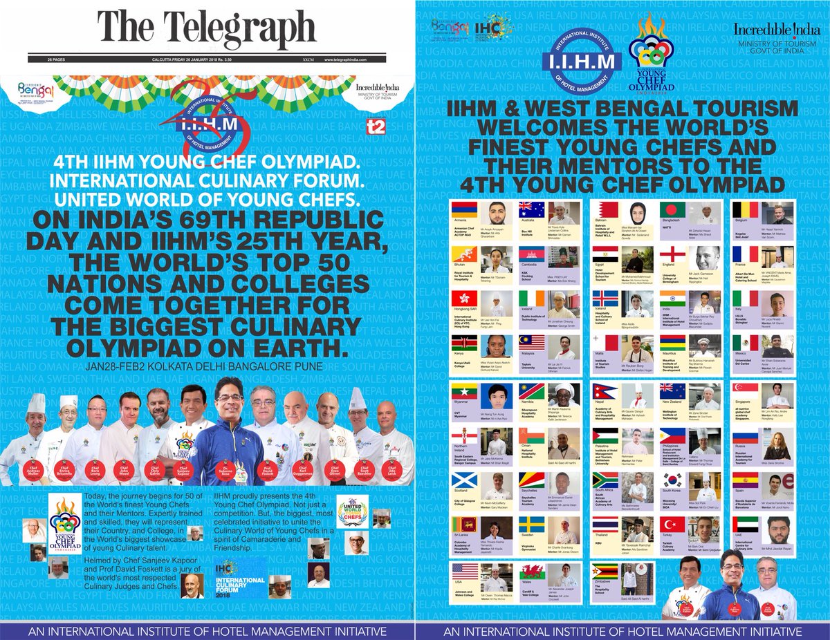 ycolympiad's tweet photo. It's our 69th #RepublicDay🇮🇳 and we at #IIHM is yet again ready to create a history in #India by organising #YoungChefOlympiad - a revolution in Culinary Industry.
Catch the official announcement in today's @ttindia (Kolkata version) Front Page &amp; Front Back Page. https://t.co/ncFplKEjFC