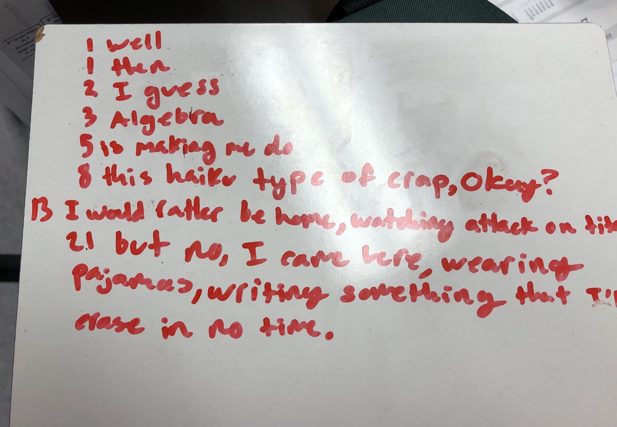 ErlerDoesMath's tweet photo. Here are the best “Fibs” from today’s    “Lit” day at Kilmer.  Fibs are haiku like poems with 1, 1, 2, 3, 5, 8, 13, etc. syllables. #OurKMS #kmslit https://t.co/SoeiwIOycV