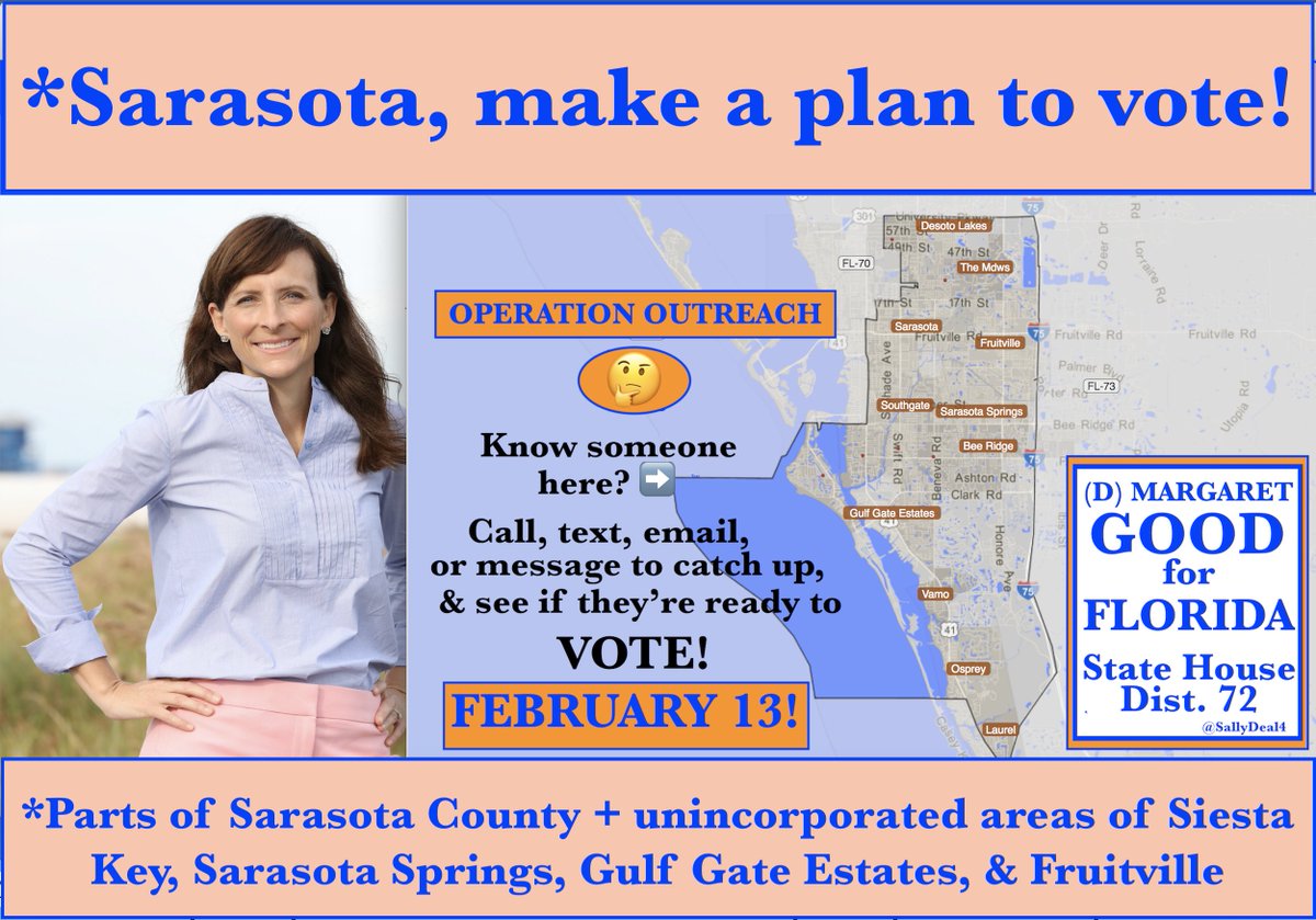 (D) MARGARET GOOD
#Florida House Dist 72 
#SpecialElection 2/13/18

#FlipItBlue #AtTheStateHouseToo 

‼️Request VOTE-BY-MAIL ballot by Feb 7‼️ sarasotavotes.com/genericform.as…

Meet Margaret/get involved margaretgood.com

Follow @GoodForFlorida

#Sarasota #Good4FL #BlueWave2018
