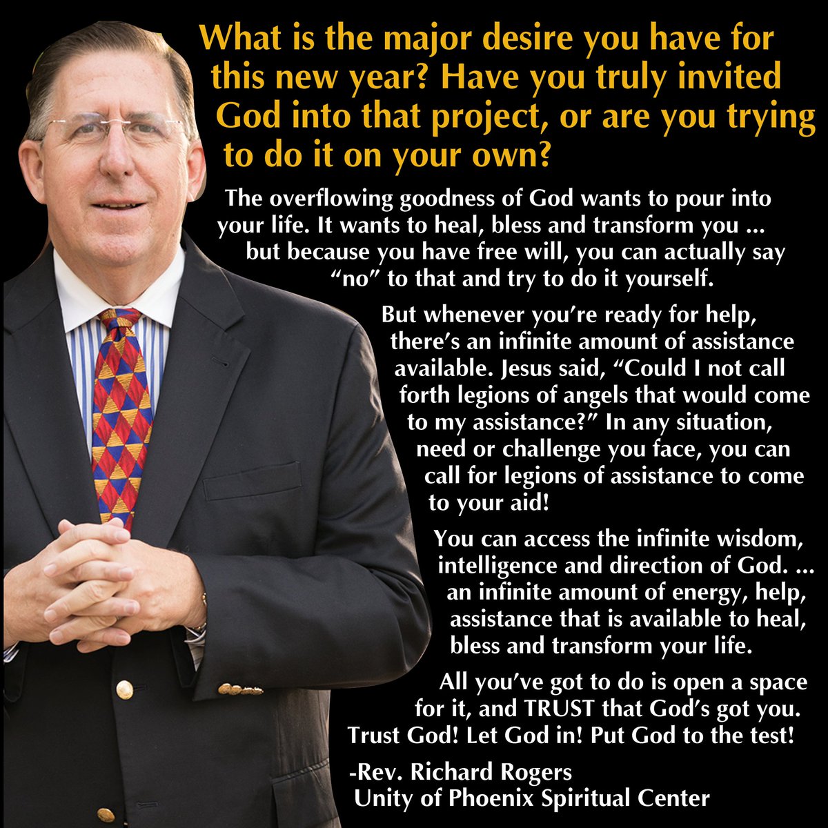UnityOfPhoenix's tweet image. Here's a take away from Rev. Richard Rogers' message from Wednesday worship service about the power of trusting God in every area of your life. To view the entire message, go to unityphx.org/videos