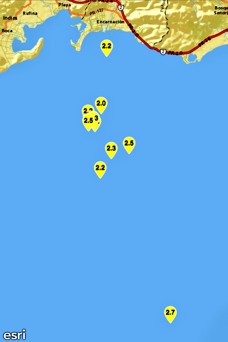 TemblorPR's tweet photo. Swarm of #TemblorPR #EarthQuakes South of Guayanilla and Peñuelas. Alert for a possible 4.1 to 5.5 M #EarthQuake on the next 12 days. #BeforeShock #ForeShock https://t.co/ALqNCNvWZK