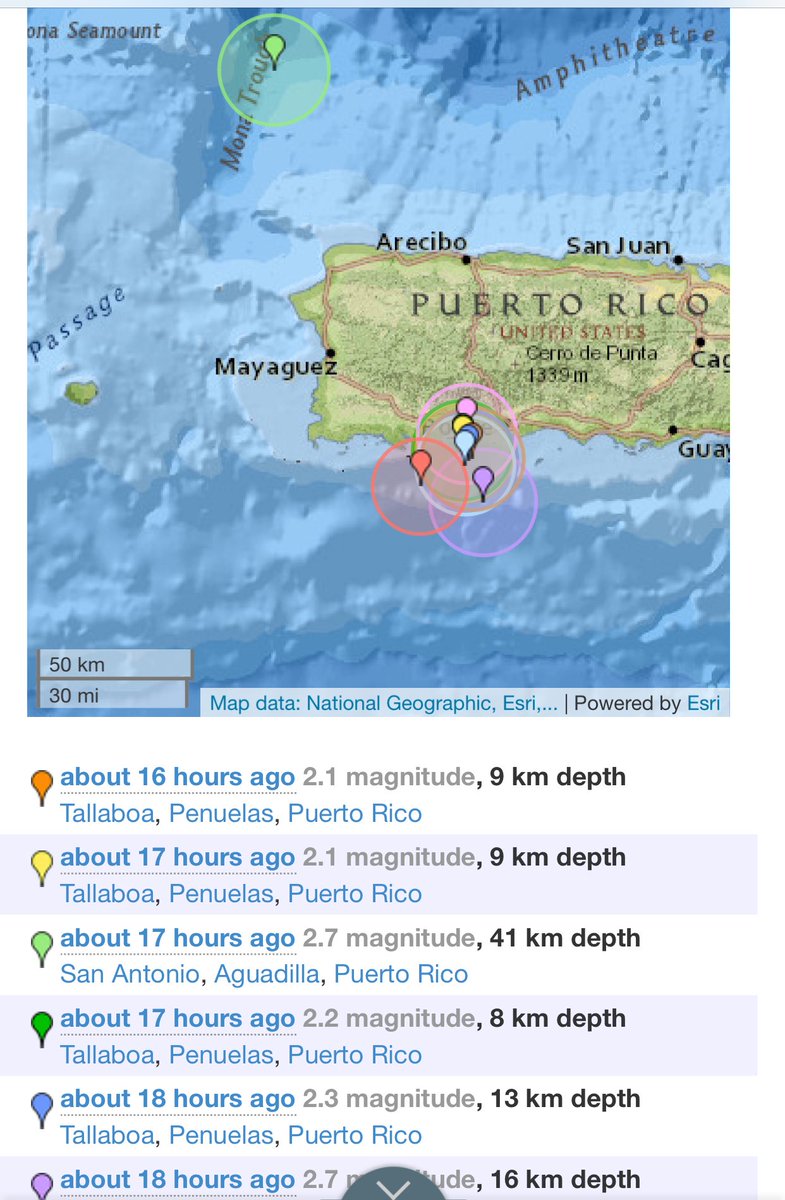 TemblorPR's tweet photo. Swarm of #TemblorPR #EarthQuakes South of Guayanilla and Peñuelas. Alert for a possible 4.1 to 5.5 M #EarthQuake on the next 12 days. #BeforeShock #ForeShock https://t.co/vnTFbuHF3R