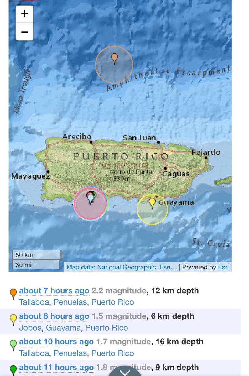 TemblorPR's tweet photo. Swarm of #TemblorPR #EarthQuakes South of Guayanilla and Peñuelas. Alert for a possible 4.1 to 5.5 M #EarthQuake on the next 12 days. #BeforeShock #ForeShock https://t.co/vnTFbuHF3R