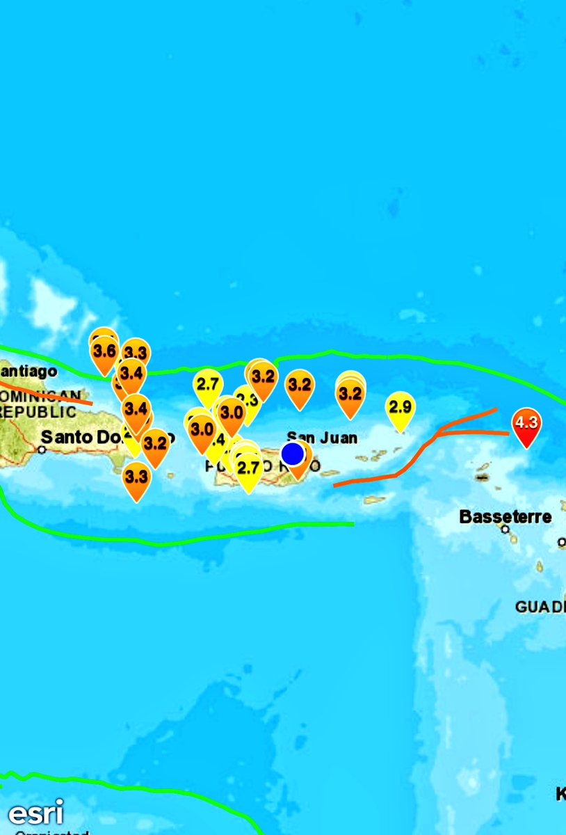 TemblorPR's tweet photo. Swarm of #TemblorPR #EarthQuakes South of Guayanilla and Peñuelas. Alert for a possible 4.1 to 5.5 M #EarthQuake on the next 12 days. #BeforeShock #ForeShock https://t.co/vnTFbuHF3R
