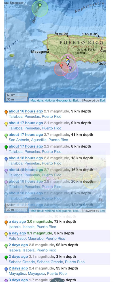 TemblorPR's tweet photo. Swarm of #TemblorPR #EarthQuakes South of Guayanilla and Peñuelas. Alert for a possible 4.1 to 5.5 M #EarthQuake on the next 12 days. #BeforeShock #ForeShock https://t.co/AWky7KZEFy