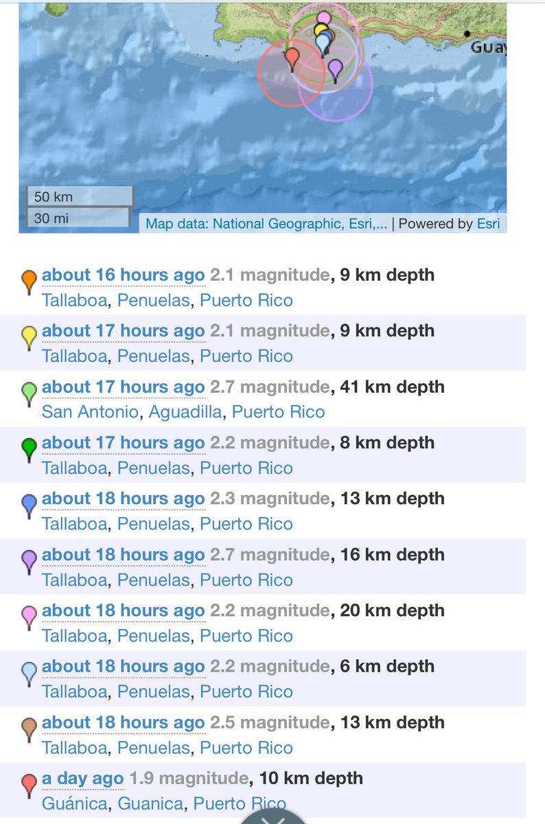 TemblorPR's tweet photo. Swarm of #TemblorPR #EarthQuakes South of Guayanilla and Peñuelas. Alert for a possible 4.1 to 5.5 M #EarthQuake on the next 12 days. #BeforeShock #ForeShock https://t.co/AWky7KZEFy